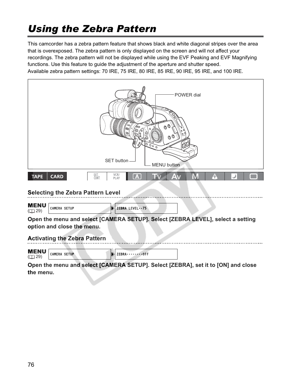 Using the zebra pattern | Canon XLH1 User Manual | Page 76 / 157