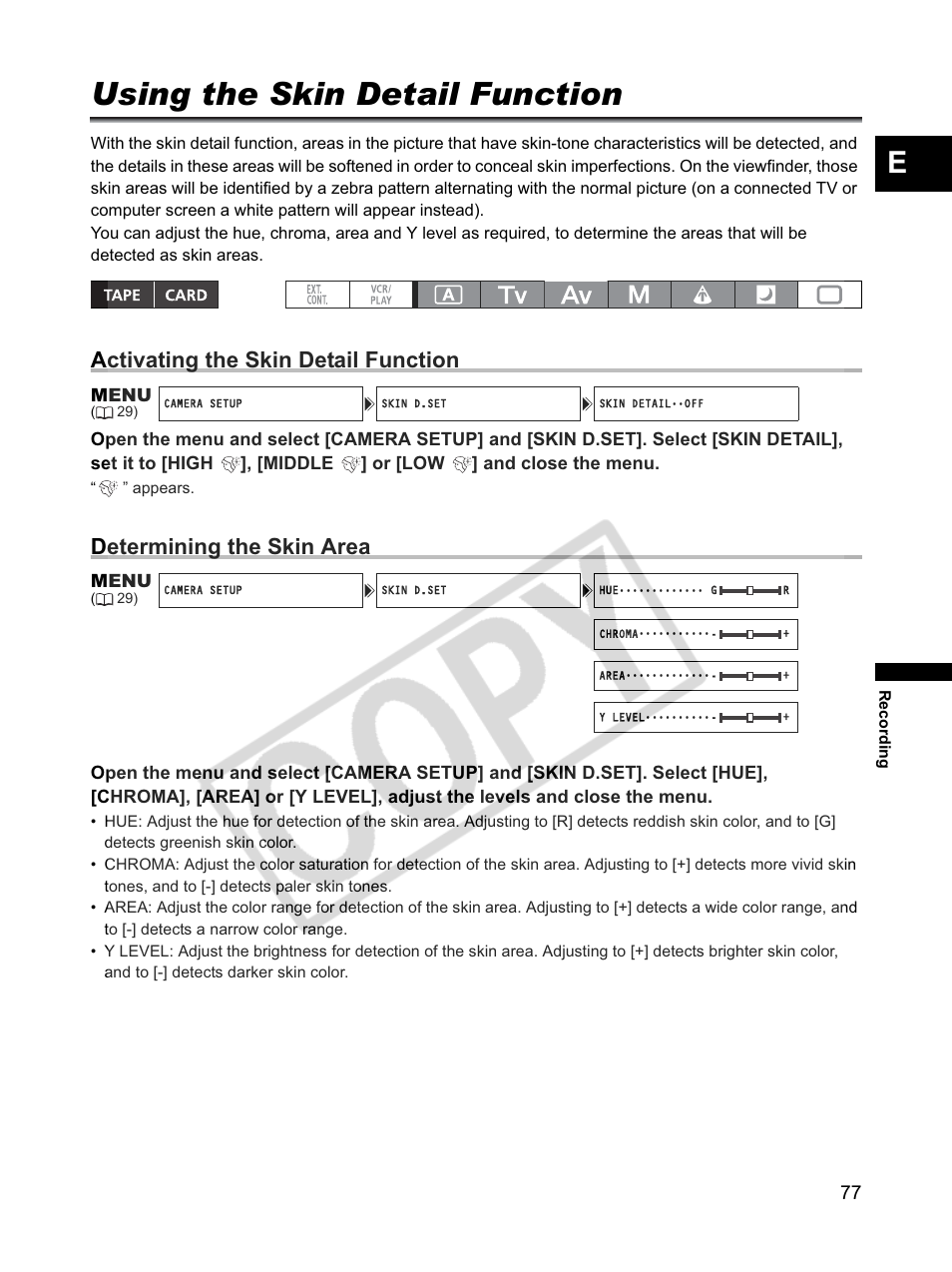 Using the skin detail function, Activating the skin detail function, Determining the skin area | Canon XLH1 User Manual | Page 77 / 157