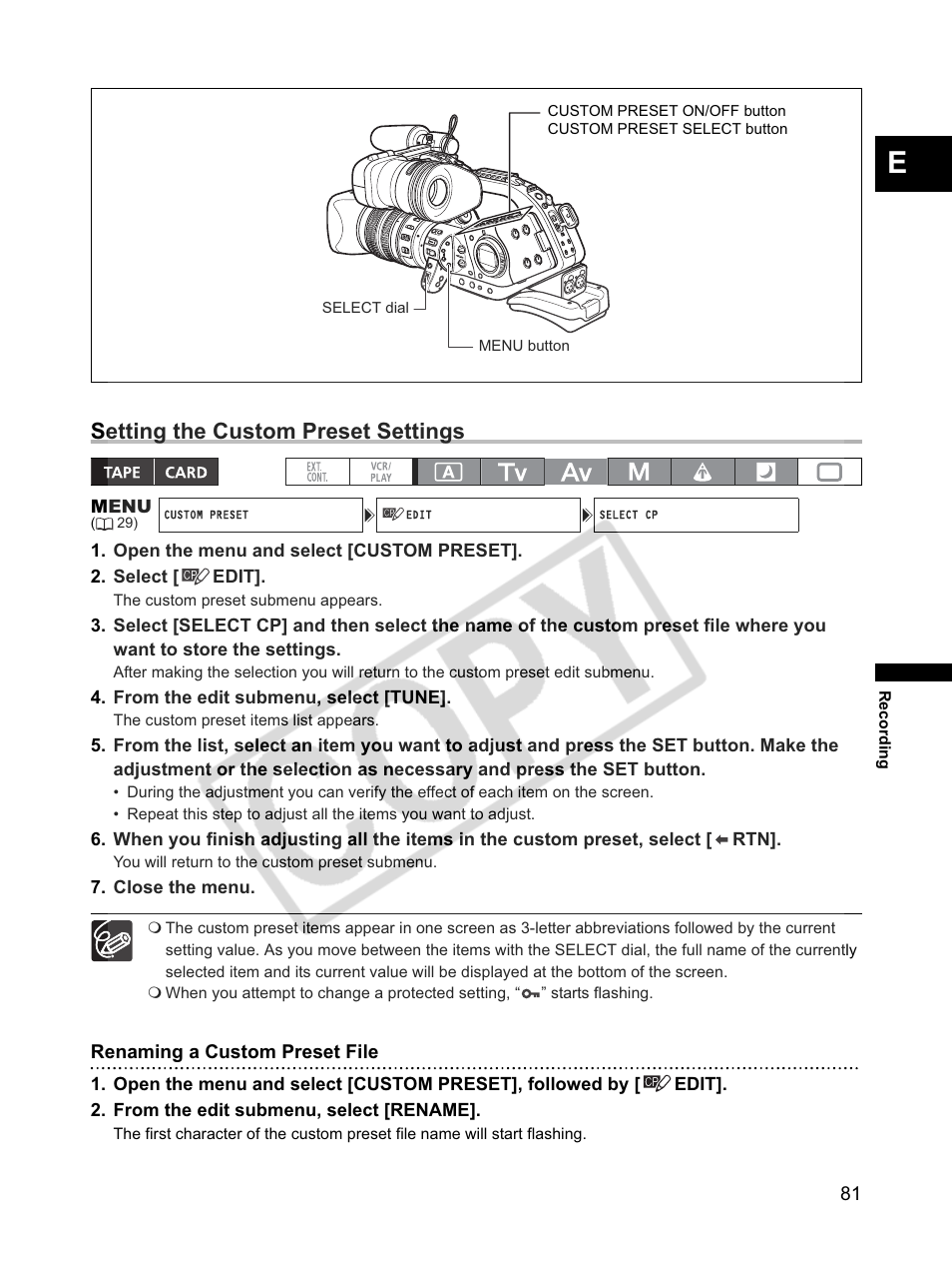 Setting the custom preset settings | Canon XLH1 User Manual | Page 81 / 157
