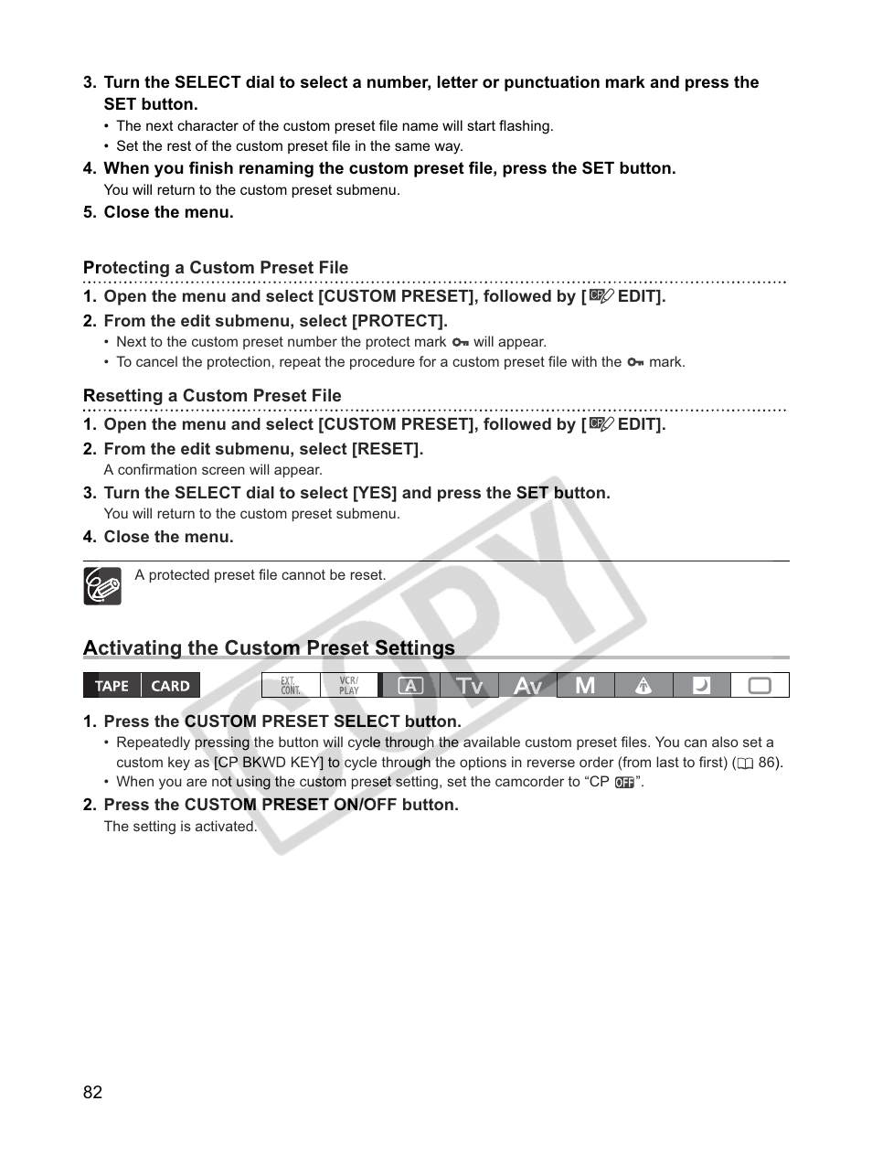 Activating the custom preset settings | Canon XLH1 User Manual | Page 82 / 157