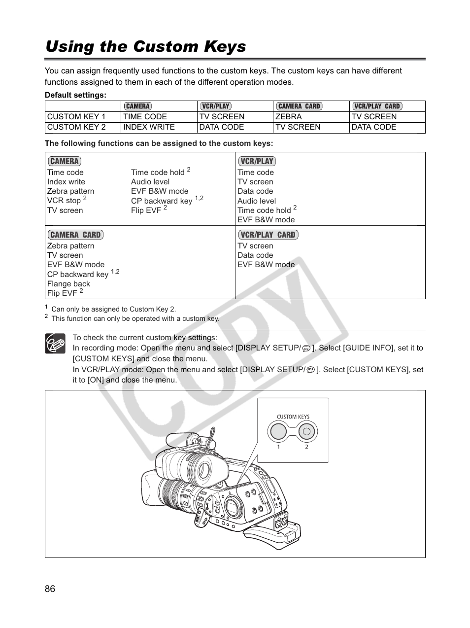 Using the custom keys | Canon XLH1 User Manual | Page 86 / 157