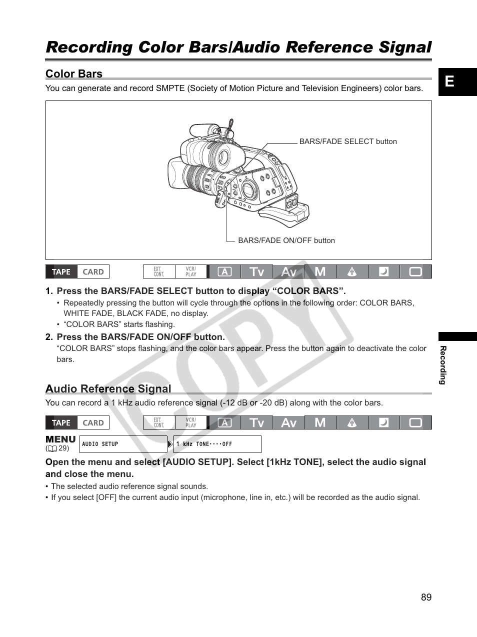 Recording color bars/audio reference signal, Color bars, Audio reference signal | Canon XLH1 User Manual | Page 89 / 157
