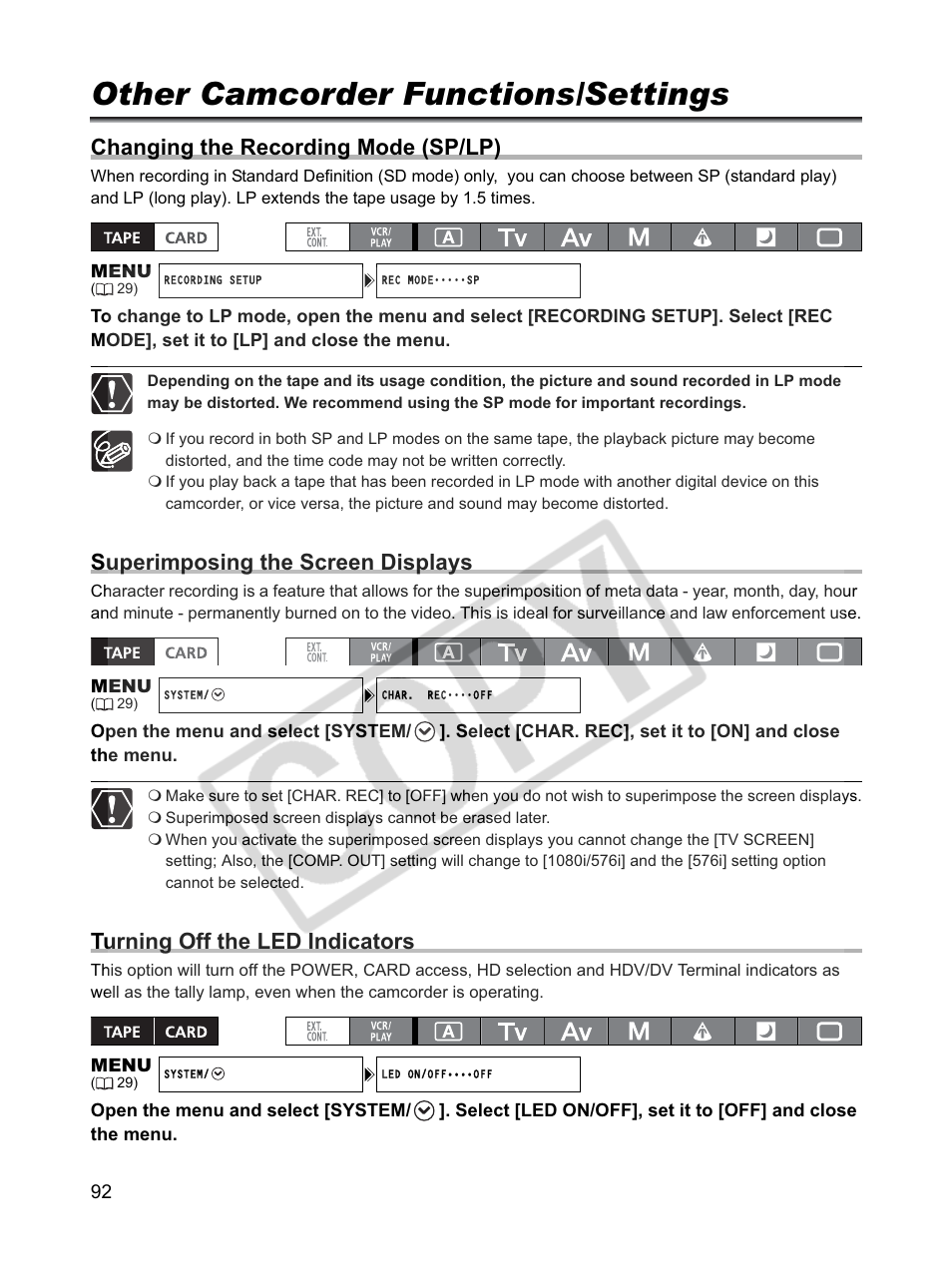 Other camcorder functions/settings, Changing the recording mode (sp/lp), Superimposing the screen displays | Turning off the led indicators | Canon XLH1 User Manual | Page 92 / 157
