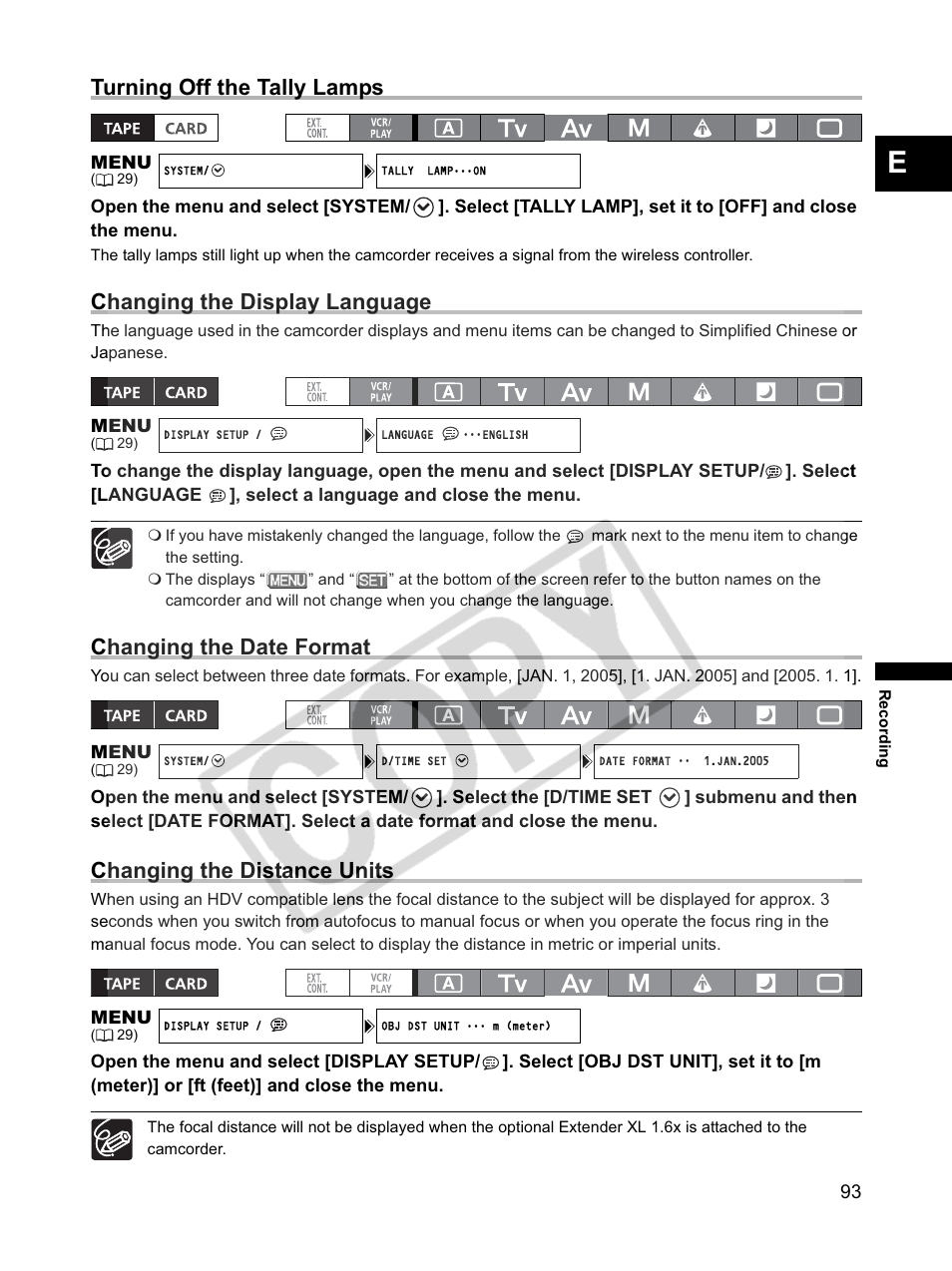 Turning off the tally lamps, Changing the display language, Changing the date format | Changing the distance units | Canon XLH1 User Manual | Page 93 / 157