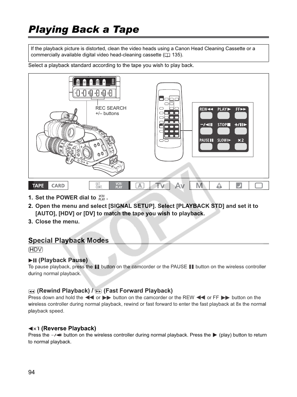 Playing back a tape, Special playback modes | Canon XLH1 User Manual | Page 94 / 157