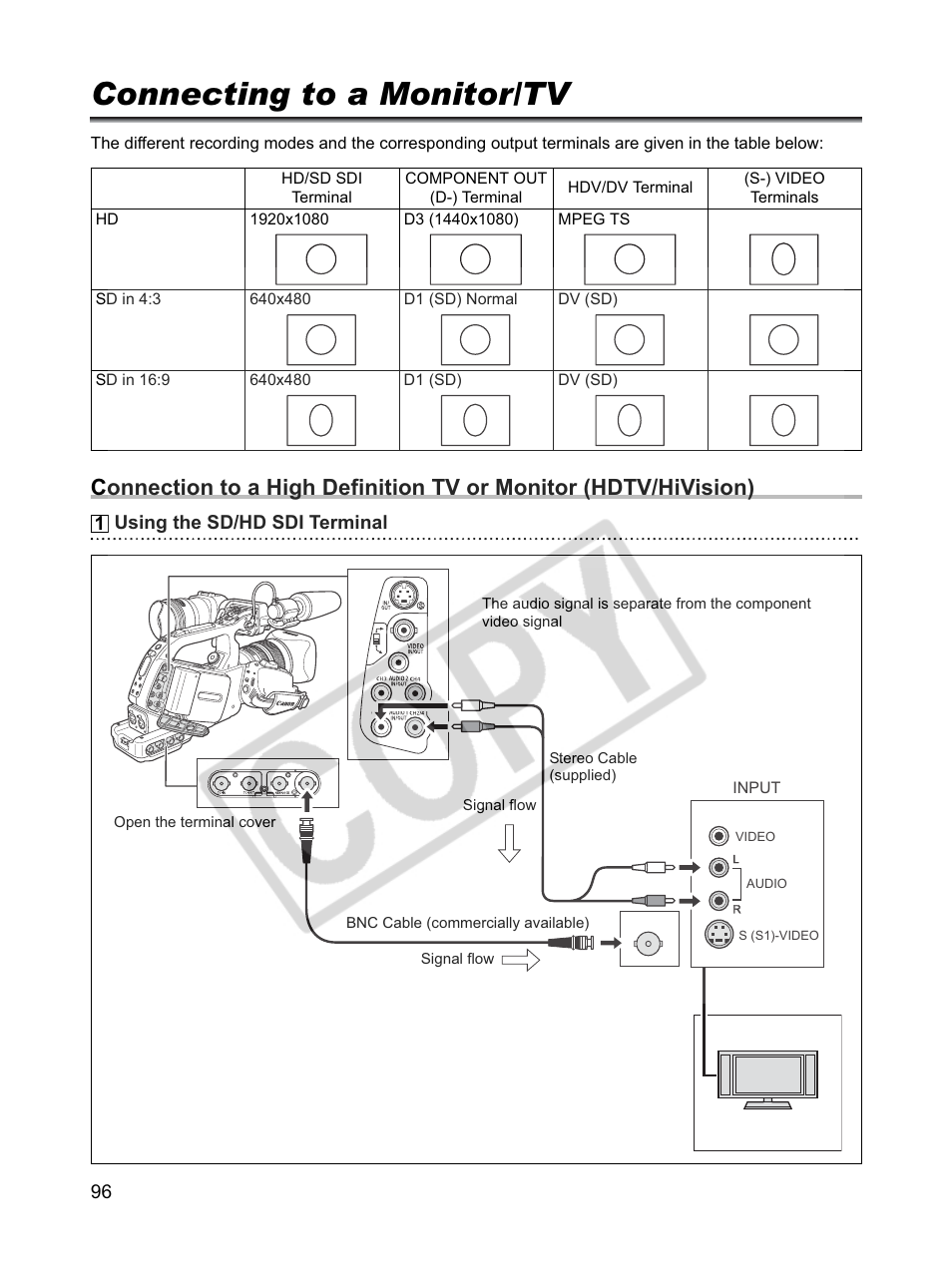 Connecting to a monitor/tv | Canon XLH1 User Manual | Page 96 / 157