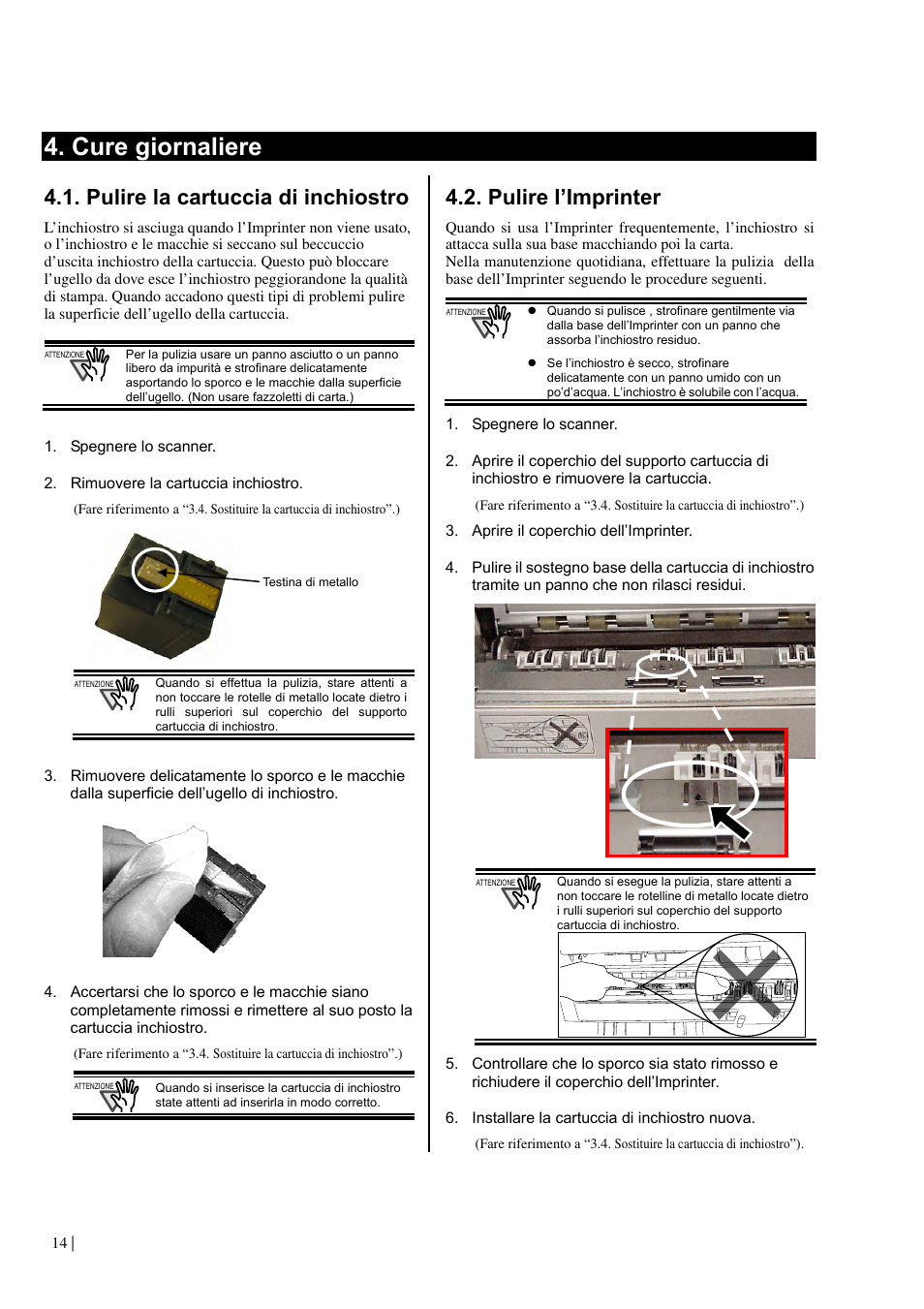 Cure giornaliere, Pulire la cartuccia di inchiostro, Pulire l’imprinter | Dell fi-565PR User Manual | Page 78 / 128