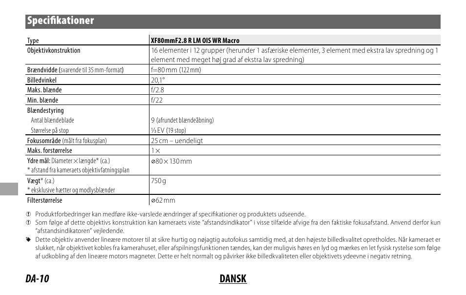 Da-10 dansk specifi kationer | FujiFilm Lens Hood for XF 80mm f/2.8 R LM OIS WR Macro Lens User Manual | Page 120 / 172