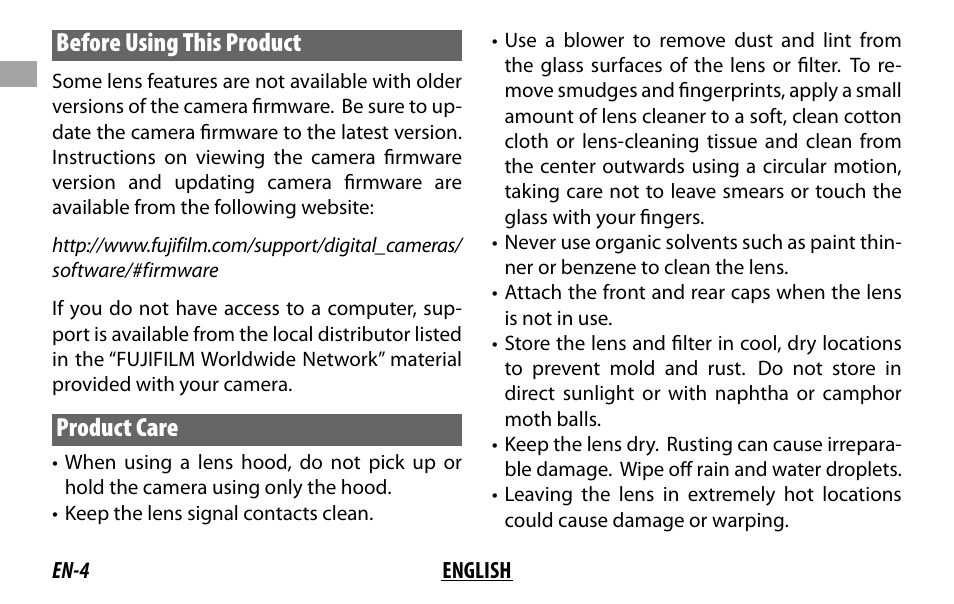 Before using this product, Product care | FujiFilm Lens Hood for XF 80mm f/2.8 R LM OIS WR Macro Lens User Manual | Page 14 / 172