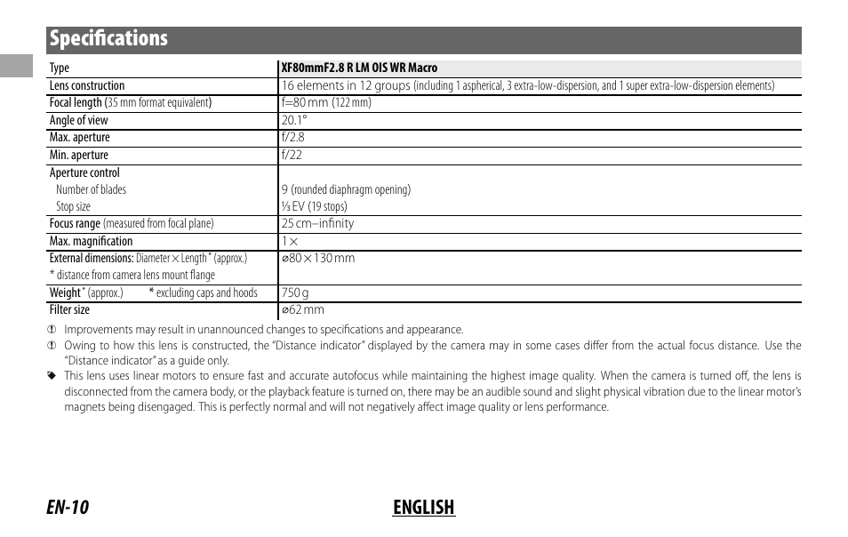 Specifi cations, En-10 english | FujiFilm Lens Hood for XF 80mm f/2.8 R LM OIS WR Macro Lens User Manual | Page 20 / 172