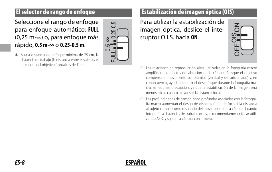 Es-8 español el selector de rango de enfoque, Estabilización de imagen óptica (ois) | FujiFilm Lens Hood for XF 80mm f/2.8 R LM OIS WR Macro Lens User Manual | Page 48 / 172