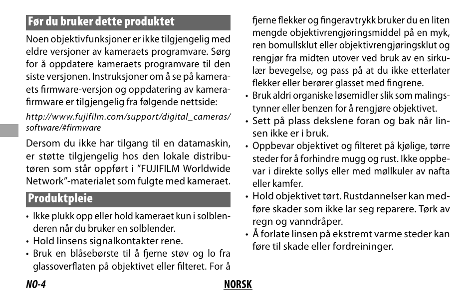 Før du bruker dette produktet, Produktpleie | FujiFilm Lens Hood for XF 80mm f/2.8 R LM OIS WR Macro Lens User Manual | Page 74 / 172