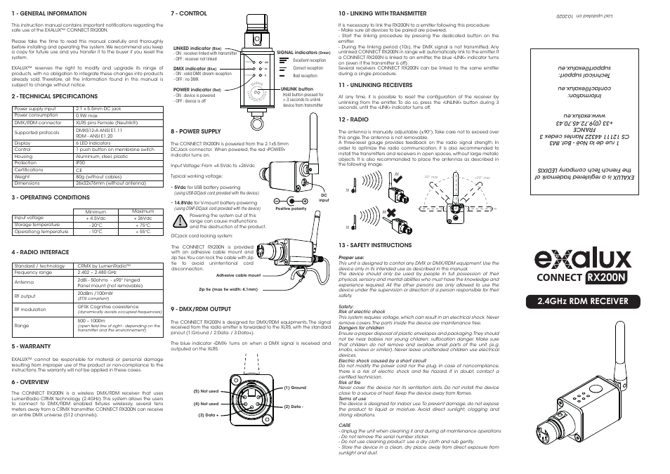 Exalux CONNECT RX200N-RP Wireless RDM/DMX Receiver for SkyPanel (Basic Kit) User Manual | 2 pages
