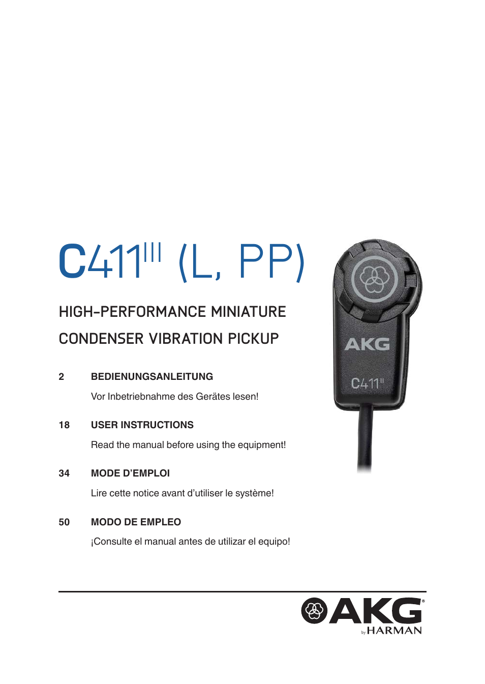 Akg C411 PP Miniature Condenser Pickup Microphone to 3-Pin XLR Male Cable (10', Matte Black) User Manual | 33 pages