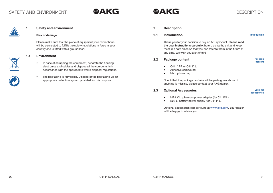 1 safety and environment, 1 environment, 2 description | 1 introduction, 2 package content, 3 optional accessories, Safety and environment, Description, Package content, Optional accessories | Akg C411 PP Miniature Condenser Pickup Microphone to 3-Pin XLR Male Cable (10', Matte Black) User Manual | Page 11 / 33