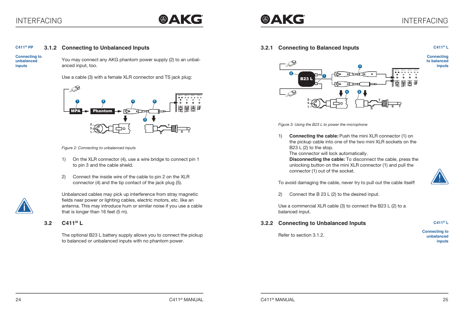 2 connecting to unbalanced inputs, 2 c411iii l, 1 connecting to balanced inputs | Connecting to unbalanced inputs, 2 c411, Connecting to balanced inputs, Interfacing | Akg C411 PP Miniature Condenser Pickup Microphone to 3-Pin XLR Male Cable (10', Matte Black) User Manual | Page 13 / 33