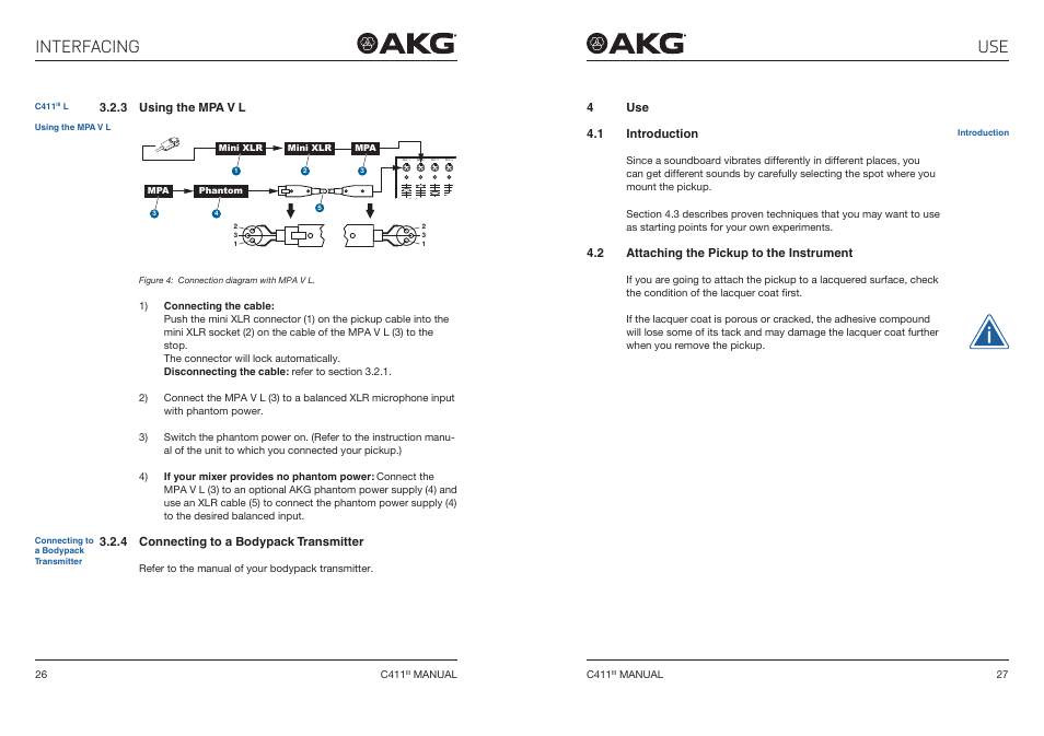 3 using the mpa v l, 4 connecting to a bodypack transmitter, 4 use | 1 introduction, 2 attaching the pickup to the instrument, Using the mpa v l, Connecting to a bodypack transmitter, Attaching the pickup to the instrument, Interfacing use | Akg C411 PP Miniature Condenser Pickup Microphone to 3-Pin XLR Male Cable (10', Matte Black) User Manual | Page 14 / 33