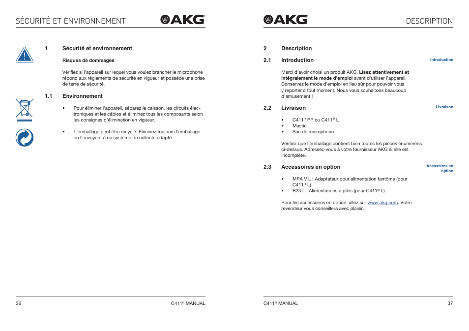1 sécurité et environnement, 1 environnement, 2 description | 1 introduction, 2 livraison, 3 accessoires en option, Sécurité et environnement, Description, Accessoires en option, Sécurité et environnement description | Akg C411 PP Miniature Condenser Pickup Microphone to 3-Pin XLR Male Cable (10', Matte Black) User Manual | Page 19 / 33