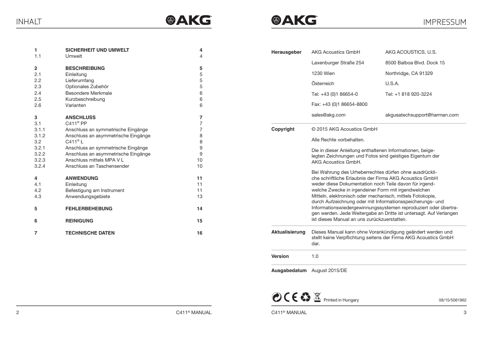 2 bedienungsanleitung, Inhalt, Impressum | Akg C411 PP Miniature Condenser Pickup Microphone to 3-Pin XLR Male Cable (10', Matte Black) User Manual | Page 2 / 33