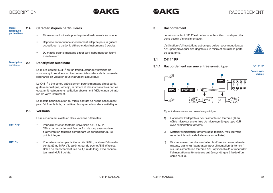 4 caractéristiques particulières, 5 description succincte, 6 versions | 3 raccordement, 1 c411iii pp, 1 raccordement sur une entrée symétrique, Caractéristiques particulières, Description succincte, Raccordement, 1 c411 | Akg C411 PP Miniature Condenser Pickup Microphone to 3-Pin XLR Male Cable (10', Matte Black) User Manual | Page 20 / 33