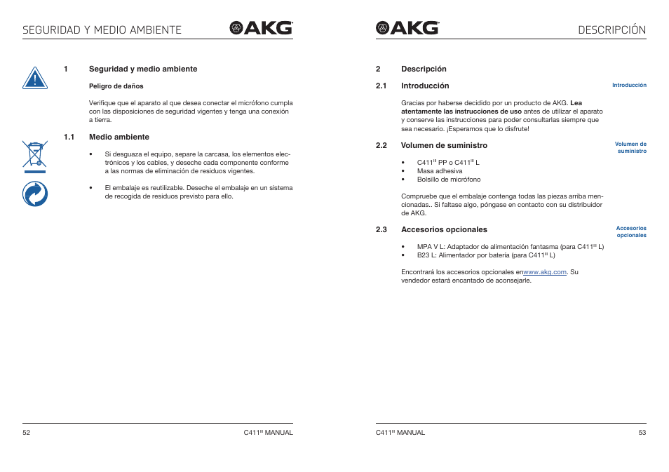 1 seguridad y medio ambiente, 1 medio ambiente, 2 descripción | 1 introducción, 2 volumen de suministro, 3 accesorios opcionales, Seguridad y medio ambiente, Medio ambiente, Descripción, Volumen de suministro | Akg C411 PP Miniature Condenser Pickup Microphone to 3-Pin XLR Male Cable (10', Matte Black) User Manual | Page 27 / 33