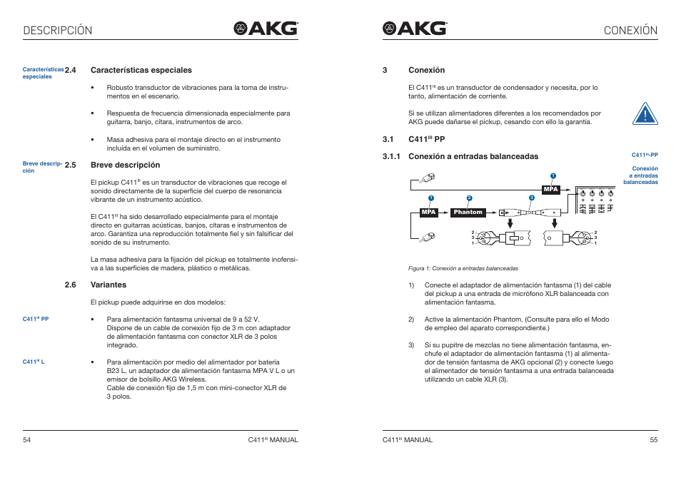 4 características especiales, 5 breve descripción, 6 variantes | 3 conexión, 1 c411iii pp, 1 conexión a entradas balanceadas, Características especiales, Breve descripción, Conexión, 1 c411 | Akg C411 PP Miniature Condenser Pickup Microphone to 3-Pin XLR Male Cable (10', Matte Black) User Manual | Page 28 / 33