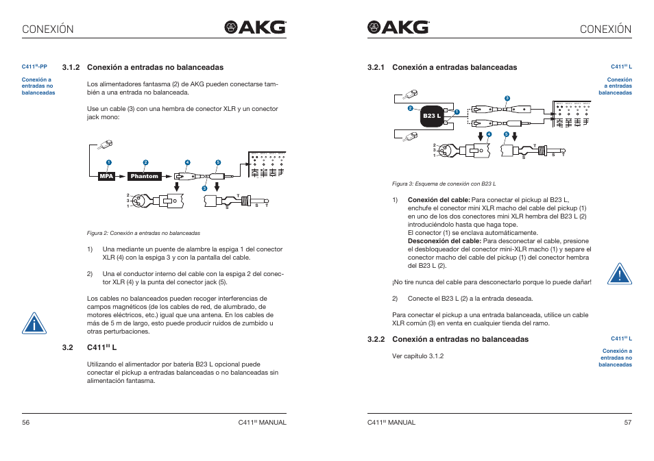 2 conexión a entradas no balanceadas, 2 c411iii l, 1 conexión a entradas balanceadas | Conexión a entradas no balanceadas, 2 c411, Conexión a entradas balanceadas, Conexión | Akg C411 PP Miniature Condenser Pickup Microphone to 3-Pin XLR Male Cable (10', Matte Black) User Manual | Page 29 / 33