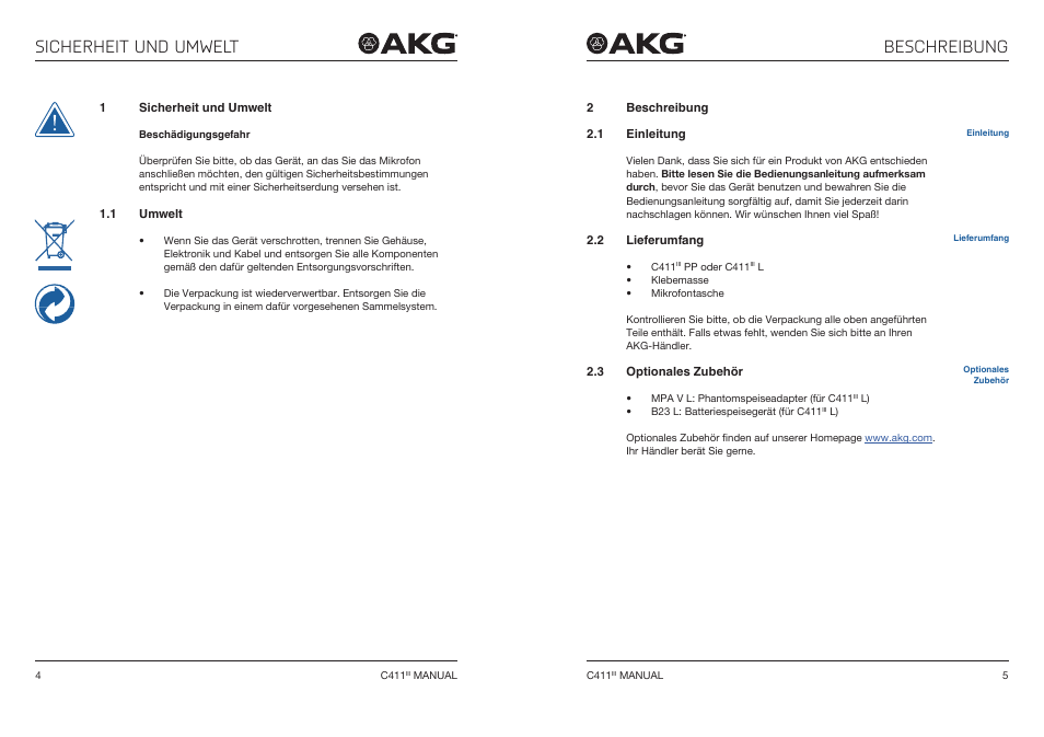1 sicherheit und umwelt, 1 umwelt, 2 beschreibung | 1 einleitung, 2 lieferumfang, 3 optionales zubehör, Sicherheit und umwelt, Beschreibung, Optionales zubehör, Sicherheit und umwelt beschreibung | Akg C411 PP Miniature Condenser Pickup Microphone to 3-Pin XLR Male Cable (10', Matte Black) User Manual | Page 3 / 33