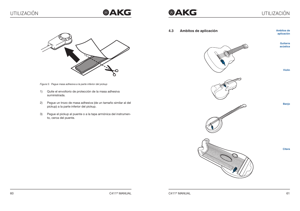 3 ambitos de aplicación, Ambitos de aplicación, Utilización | Akg C411 PP Miniature Condenser Pickup Microphone to 3-Pin XLR Male Cable (10', Matte Black) User Manual | Page 31 / 33