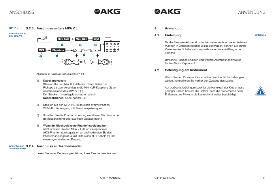 3 anschluss mittels mpa v l, 4 anschluss an taschensender, 4 anwendung | 1 einleitung, 2 befestigung am instrument, Anschluss mittels mpa v l, Anschluss an taschensender, Anwendung, Befestigung am instrument, Anschluss anwendung | Akg C411 PP Miniature Condenser Pickup Microphone to 3-Pin XLR Male Cable (10', Matte Black) User Manual | Page 6 / 33