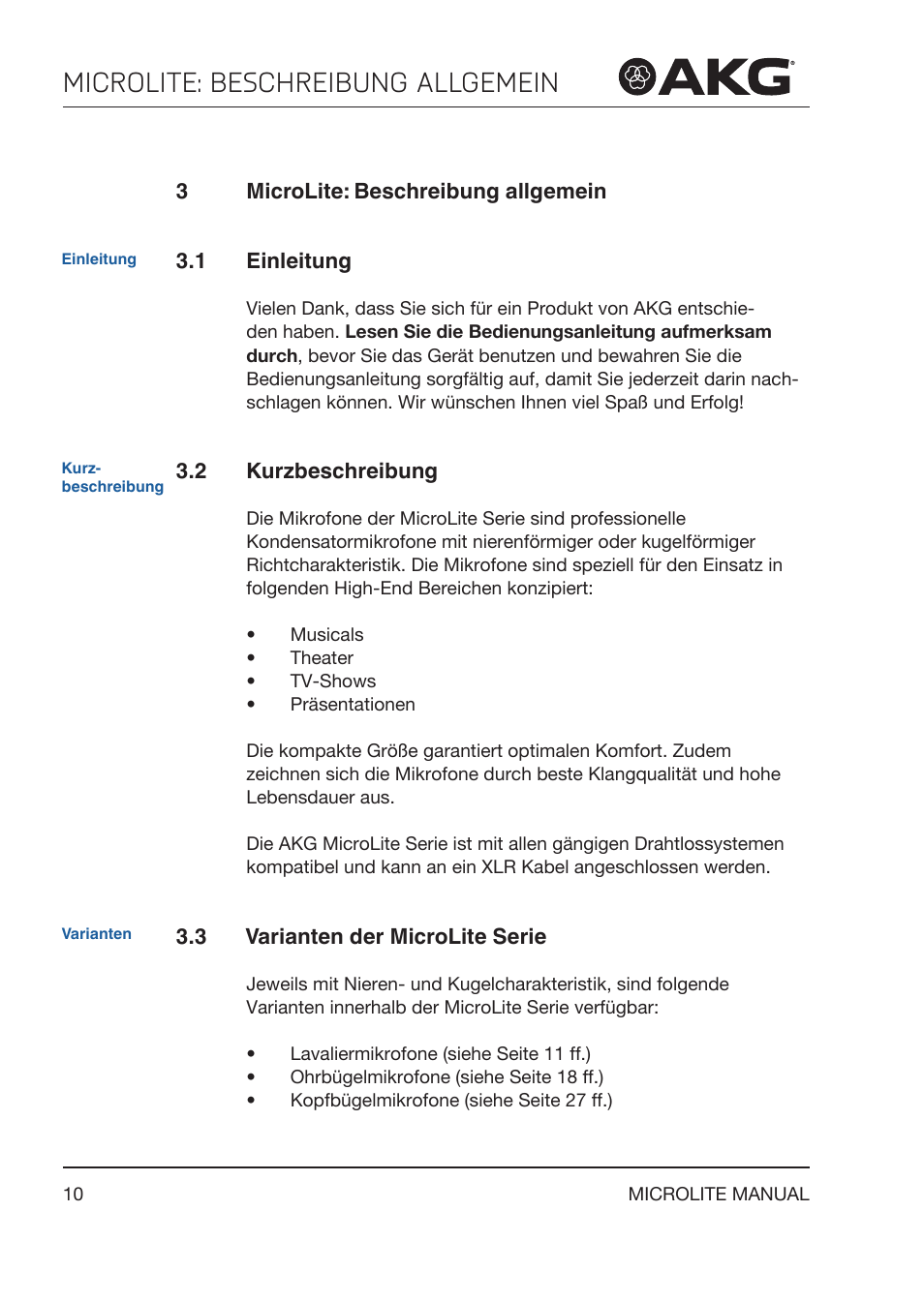 3 microlite: beschreibung allgemein, 1 einleitung, 2 kurzbeschreibung | 3 varianten der microlite serie, Microlite: beschreibung allgemein, Varianten der microlite serie | Akg LC81 MD Reference Lightweight Cardioid Lavalier Microphone (Black) User Manual | Page 10 / 208