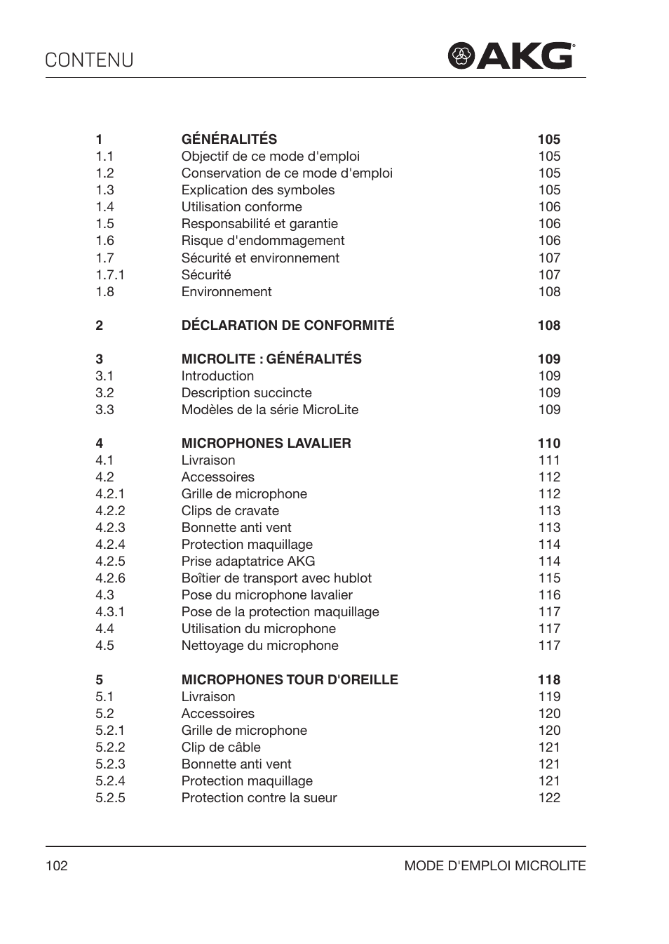 Mode d’emploi, Contenu | Akg LC81 MD Reference Lightweight Cardioid Lavalier Microphone (Black) User Manual | Page 102 / 208