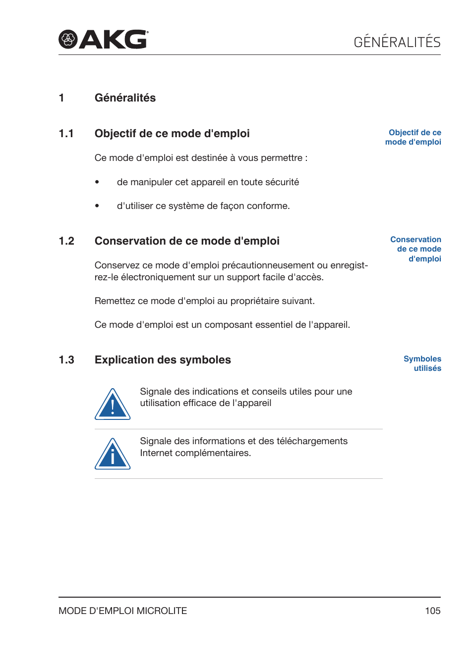 1 généralités, 1 objectif de ce mode d'emploi, 2 conservation de ce mode d'emploi | 3 explication des symboles, Généralités, Objectif de ce mode d'emploi, Conservation de ce mode d'emploi, Explication des symboles | Akg LC81 MD Reference Lightweight Cardioid Lavalier Microphone (Black) User Manual | Page 105 / 208