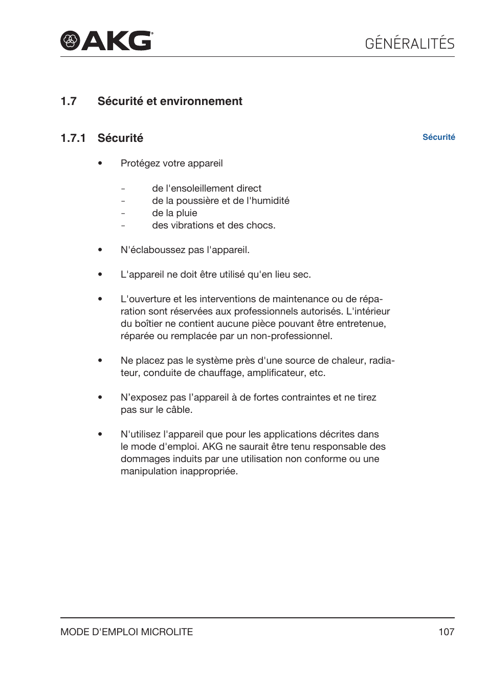 7 sécurité et environnement, 1 sécurité, Sécurité et environnement | Généralités | Akg LC81 MD Reference Lightweight Cardioid Lavalier Microphone (Black) User Manual | Page 107 / 208
