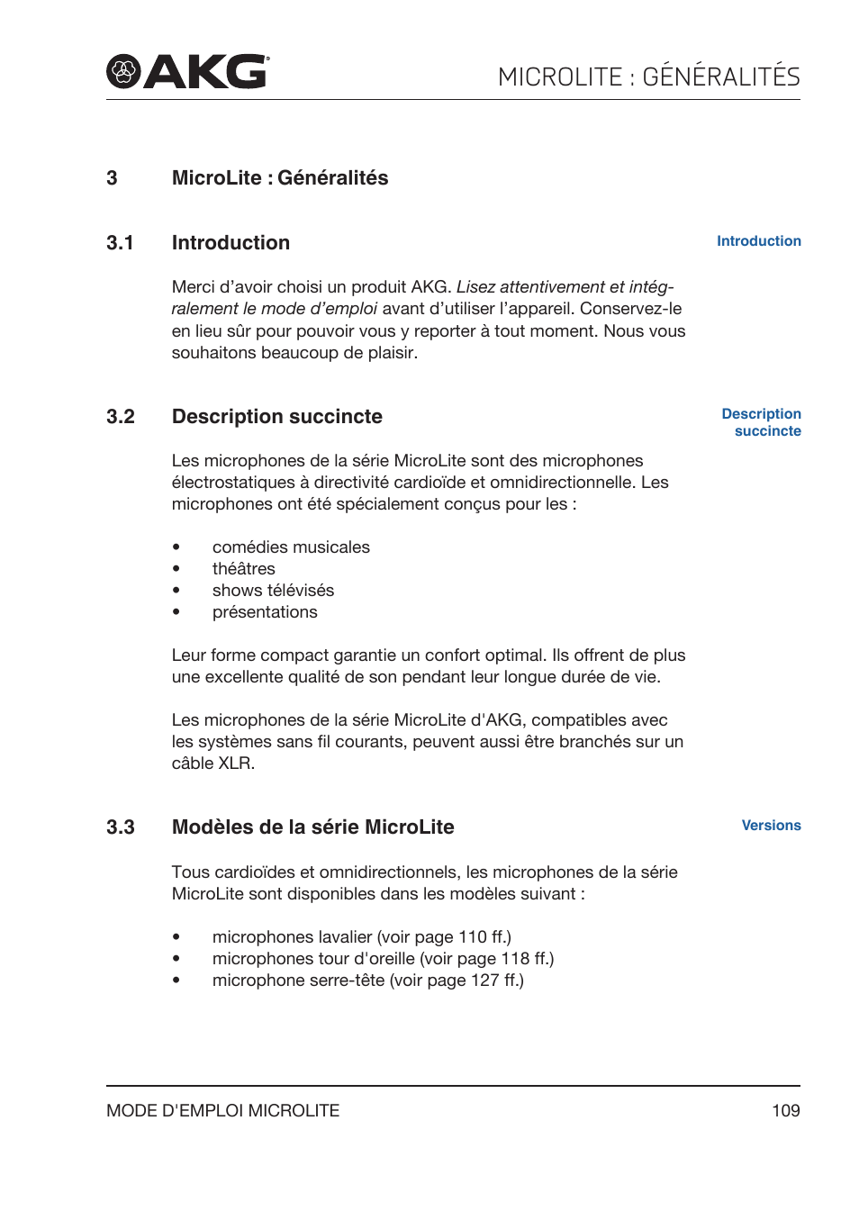 3 microlite : généralités, 1 introduction, 2 description succincte | 3 modèles de la série microlite, Microlite : généralités, Description succincte, Modèles de la série microlite | Akg LC81 MD Reference Lightweight Cardioid Lavalier Microphone (Black) User Manual | Page 109 / 208