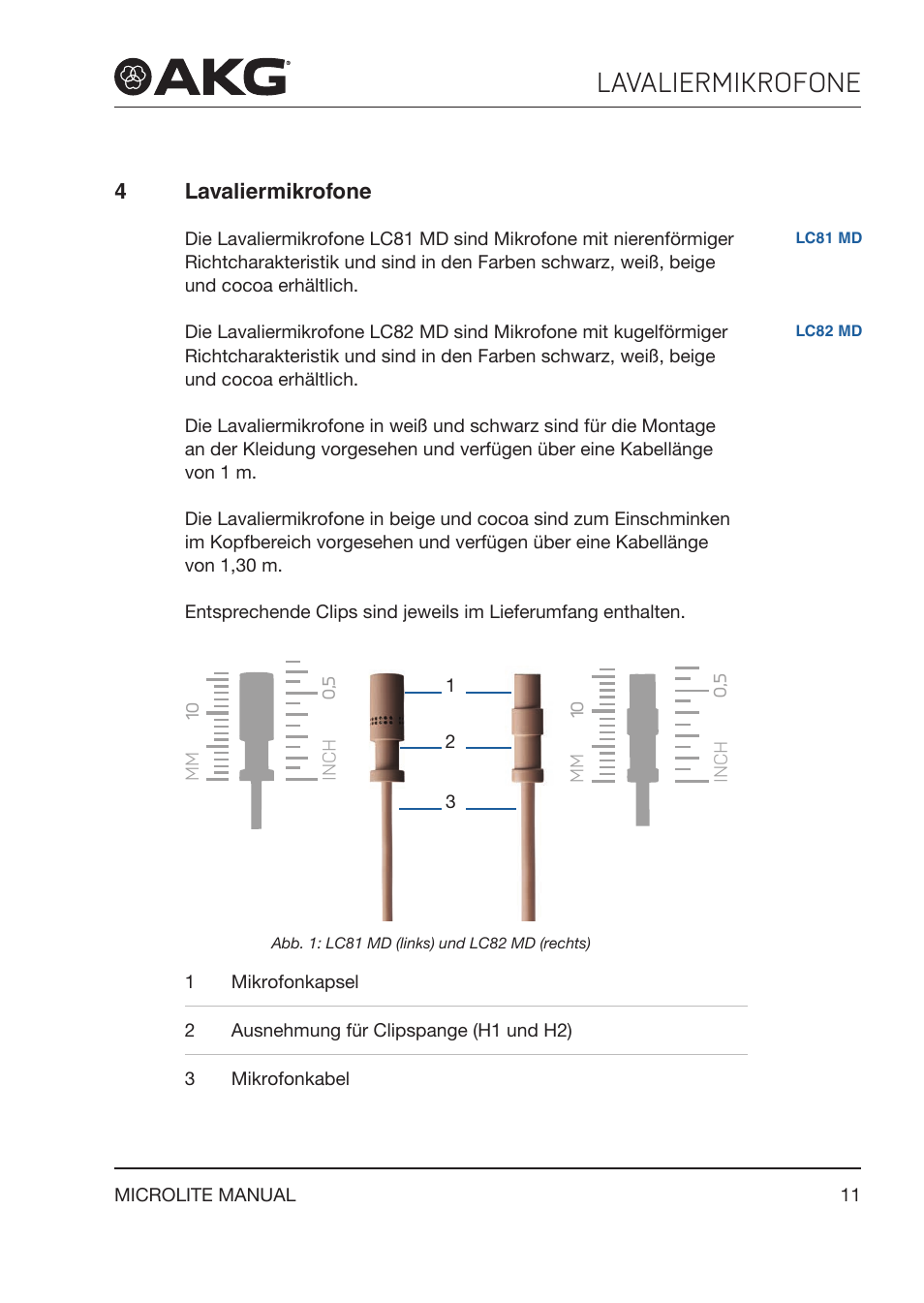 4 lavaliermikrofone, Lavaliermikrofone | Akg LC81 MD Reference Lightweight Cardioid Lavalier Microphone (Black) User Manual | Page 11 / 208