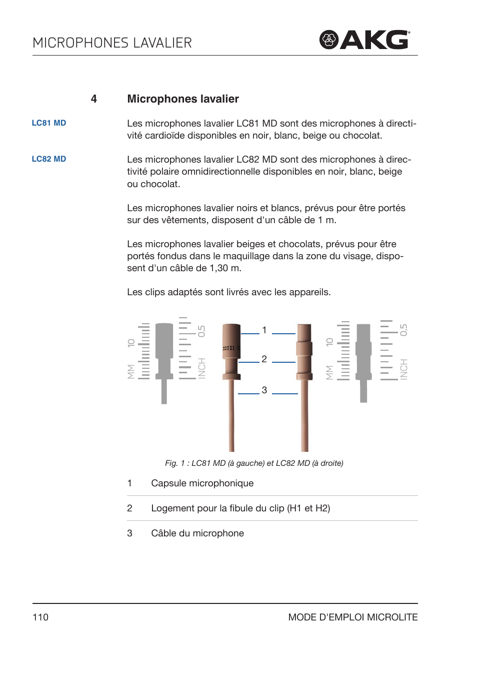 4 microphones lavalier, Microphones lavalier | Akg LC81 MD Reference Lightweight Cardioid Lavalier Microphone (Black) User Manual | Page 110 / 208
