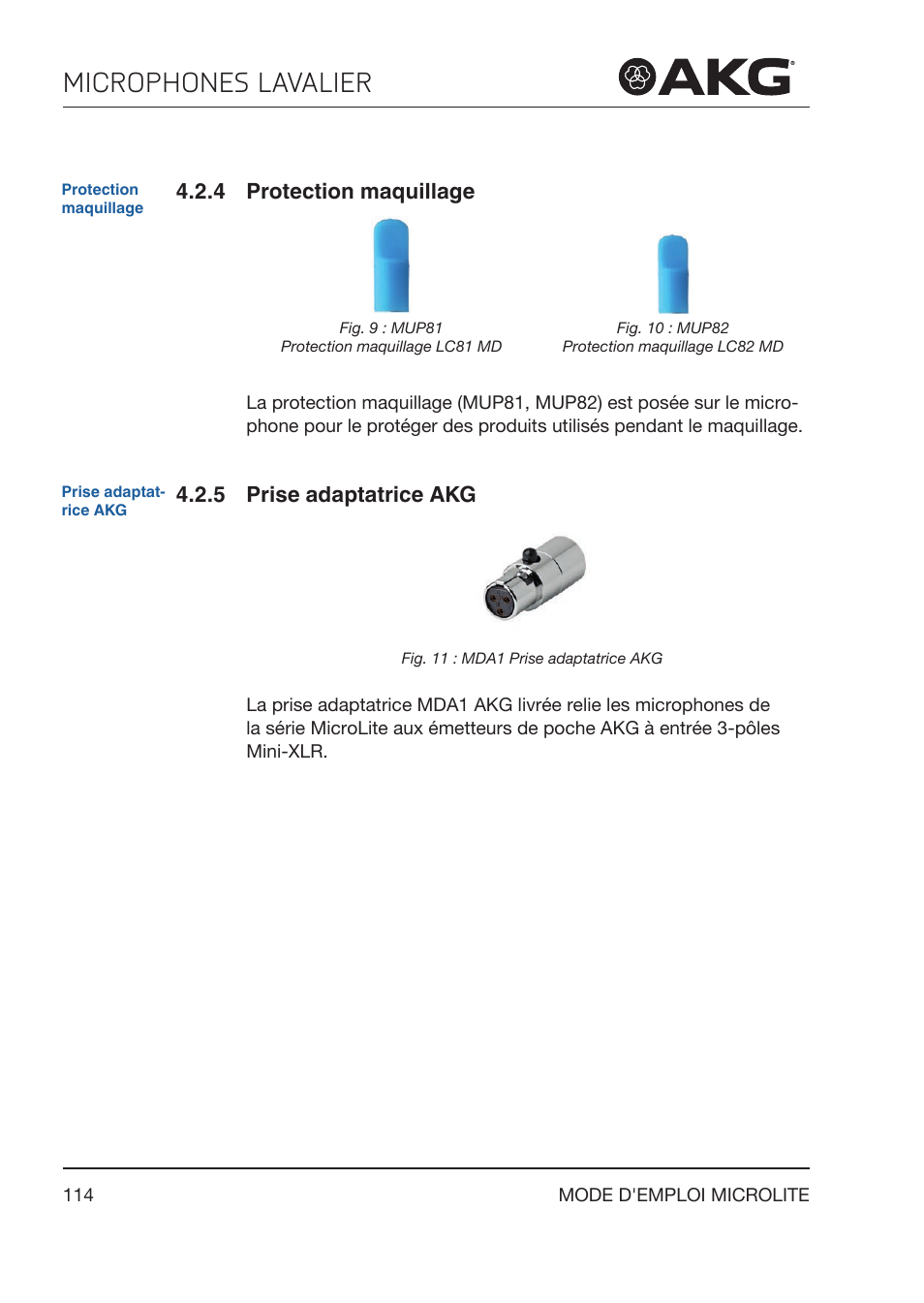 4 protection maquillage, 5 prise adaptatrice akg, Protection maquillage | Prise adaptatrice akg, Microphones lavalier | Akg LC81 MD Reference Lightweight Cardioid Lavalier Microphone (Black) User Manual | Page 114 / 208