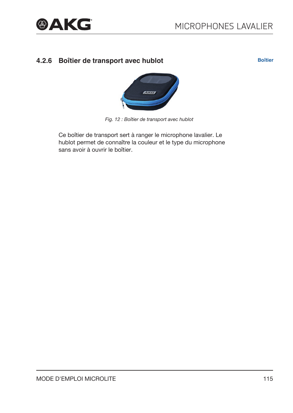 6 boîtier de transport avec hublot, Boîtier de transport avec hublot, Microphones lavalier | Akg LC81 MD Reference Lightweight Cardioid Lavalier Microphone (Black) User Manual | Page 115 / 208