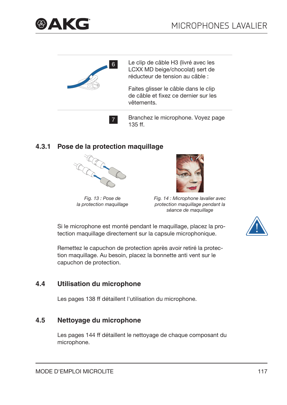 1 pose de la protection maquillage, 4 utilisation du microphone, 5 nettoyage du microphone | Pose de la protection maquillage, Utilisation du microphone, Nettoyage du microphone, Microphones lavalier | Akg LC81 MD Reference Lightweight Cardioid Lavalier Microphone (Black) User Manual | Page 117 / 208