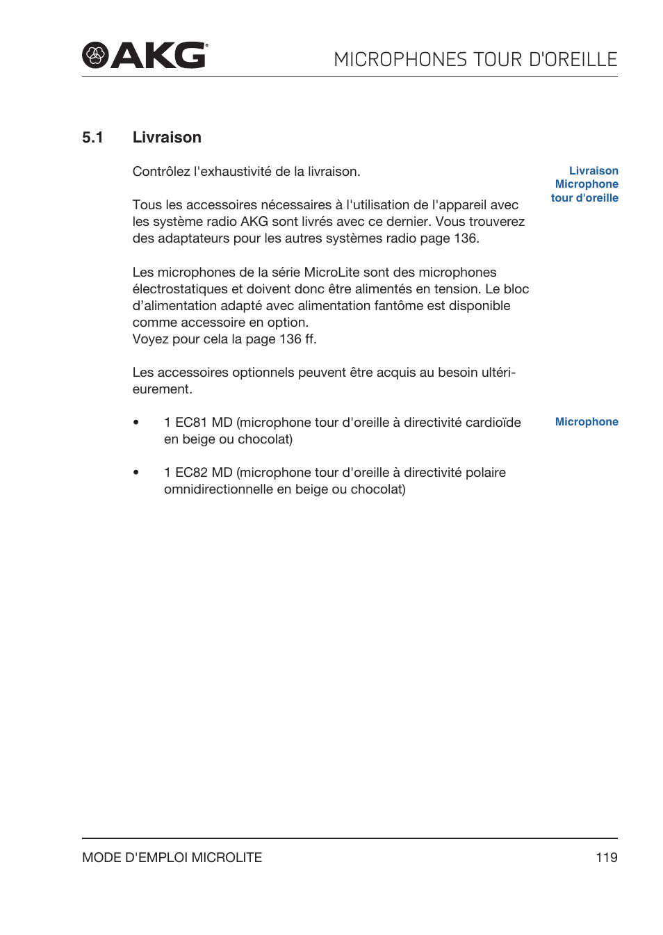 1 livraison, Livraison, Microphones tour d'oreille | Akg LC81 MD Reference Lightweight Cardioid Lavalier Microphone (Black) User Manual | Page 119 / 208