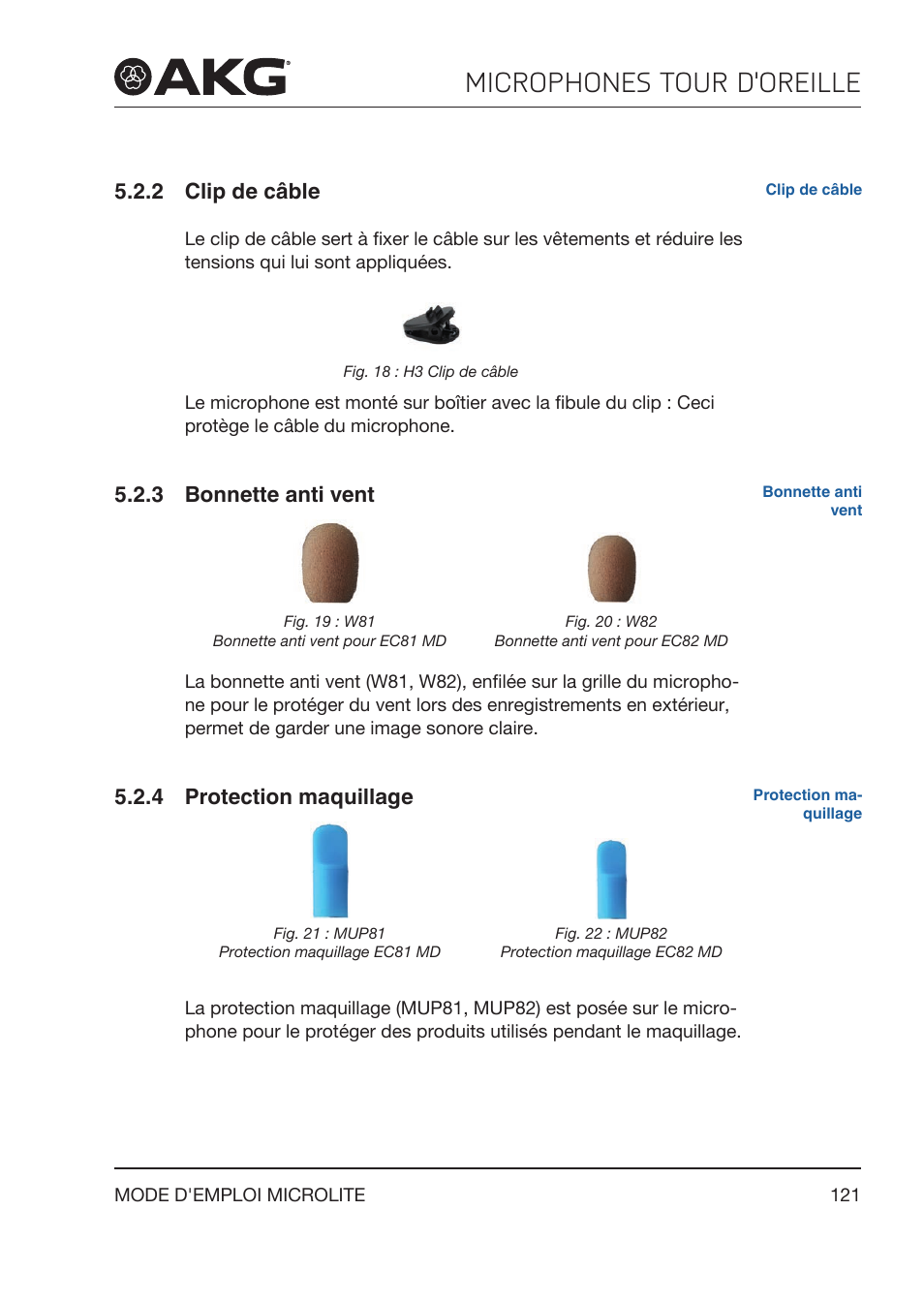 2 clip de câble, 3 bonnette anti vent, 4 protection maquillage | Clip de câble, Bonnette anti vent, Protection maquillage, Microphones tour d'oreille | Akg LC81 MD Reference Lightweight Cardioid Lavalier Microphone (Black) User Manual | Page 121 / 208