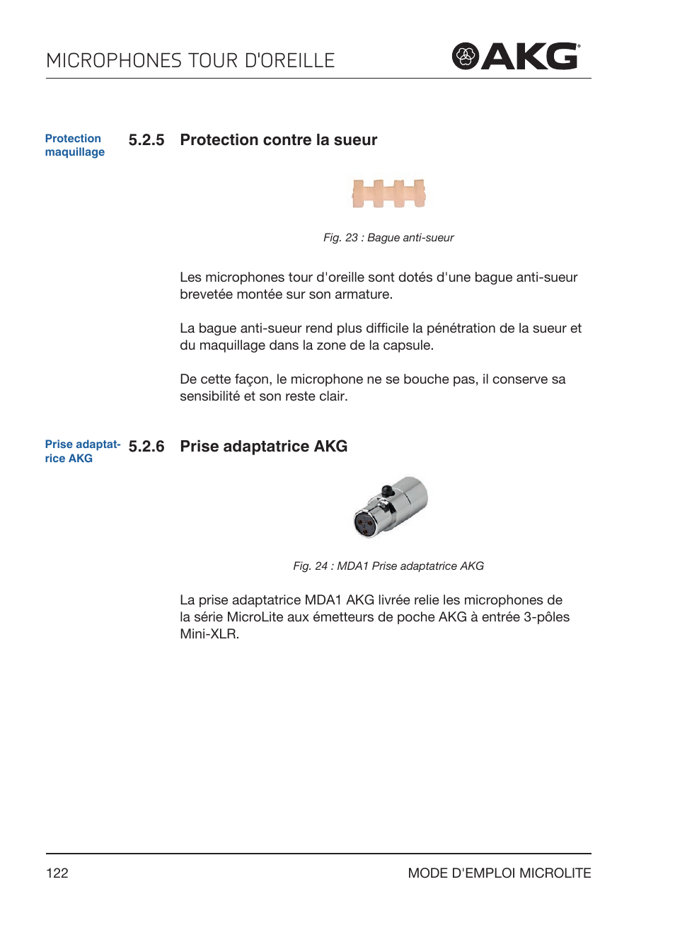 5 protection contre la sueur, 6 prise adaptatrice akg, Protection contre la sueur | Prise adaptatrice akg, Microphones tour d'oreille | Akg LC81 MD Reference Lightweight Cardioid Lavalier Microphone (Black) User Manual | Page 122 / 208