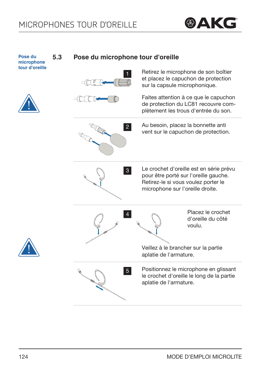 3 pose du microphone tour d'oreille, Pose du microphone tour d'oreille, Microphones tour d'oreille | Akg LC81 MD Reference Lightweight Cardioid Lavalier Microphone (Black) User Manual | Page 124 / 208