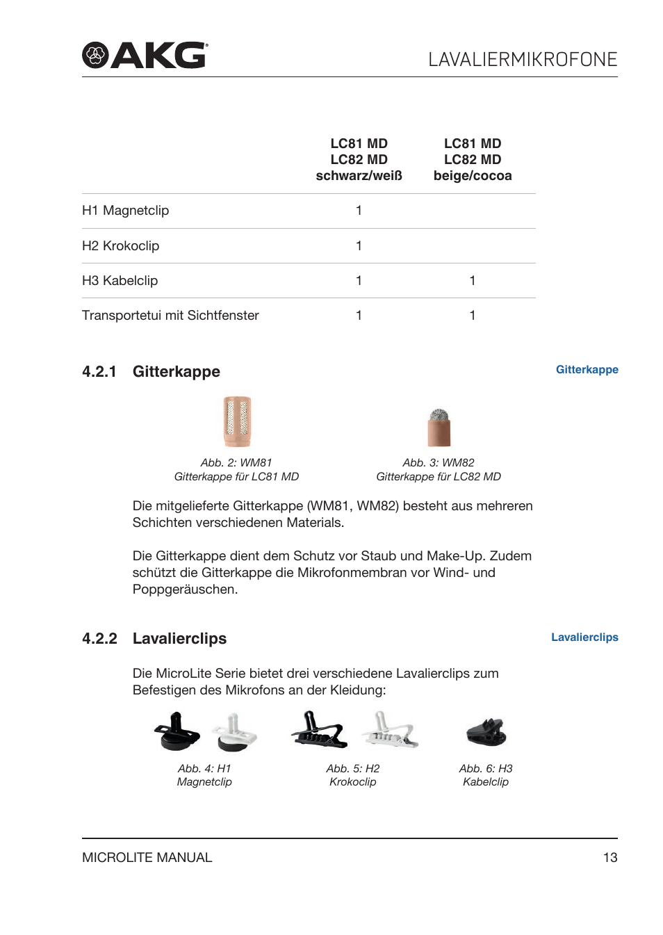 1 gitterkappe, 2 lavalierclips, Lavaliermikrofone | Akg LC81 MD Reference Lightweight Cardioid Lavalier Microphone (Black) User Manual | Page 13 / 208