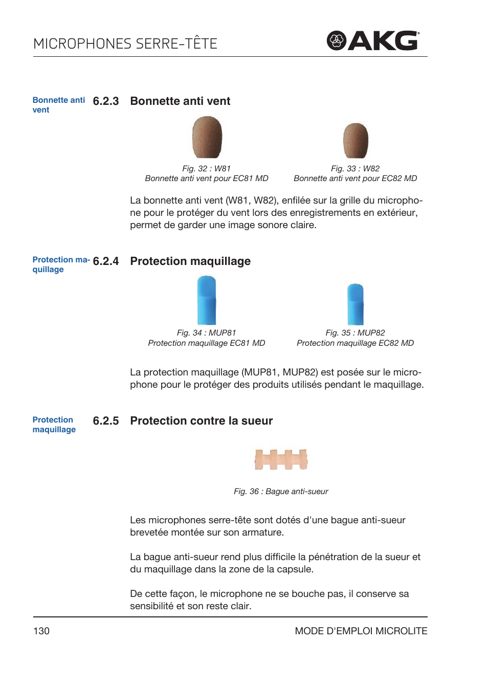 3 bonnette anti vent, 4 protection maquillage, 5 protection contre la sueur | Bonnette anti vent, Protection maquillage, Protection contre la sueur, Microphones serre-tête | Akg LC81 MD Reference Lightweight Cardioid Lavalier Microphone (Black) User Manual | Page 130 / 208