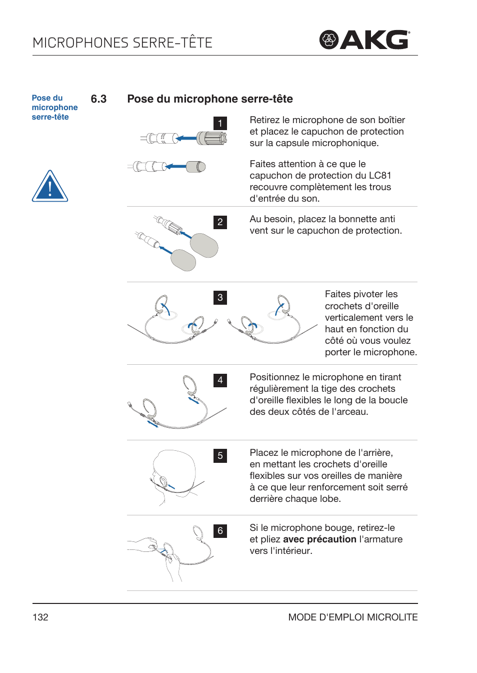 3 pose du microphone serre-tête, Pose du microphone serre‑tête, Microphones serre-tête | Akg LC81 MD Reference Lightweight Cardioid Lavalier Microphone (Black) User Manual | Page 132 / 208