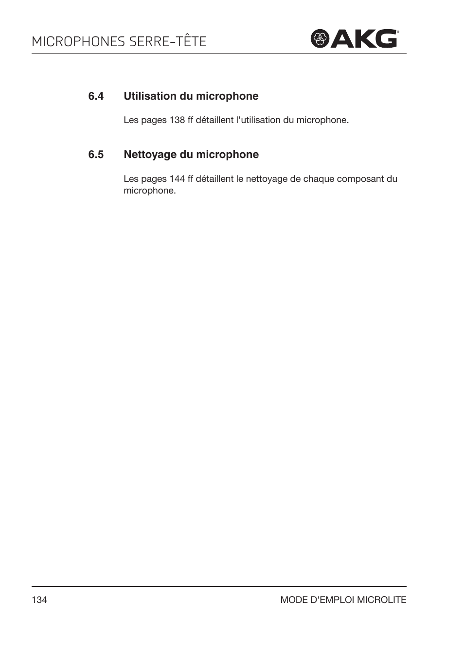 4 utilisation du microphone, 5 nettoyage du microphone, Utilisation du microphone | Nettoyage du microphone, Microphones serre-tête | Akg LC81 MD Reference Lightweight Cardioid Lavalier Microphone (Black) User Manual | Page 134 / 208