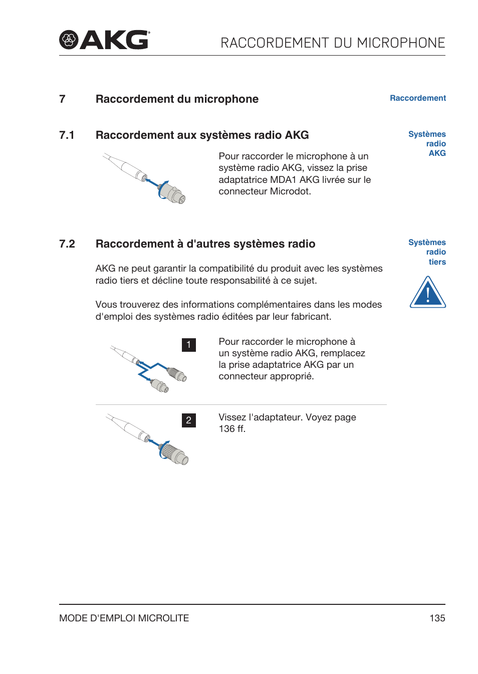 7 raccordement du microphone, 1 raccordement aux systèmes radio akg, 2 raccordement à d'autres systèmes radio | Raccordement du microphone, Raccordement aux systèmes radio akg, Raccordement à d'autres systèmes radio | Akg LC81 MD Reference Lightweight Cardioid Lavalier Microphone (Black) User Manual | Page 135 / 208