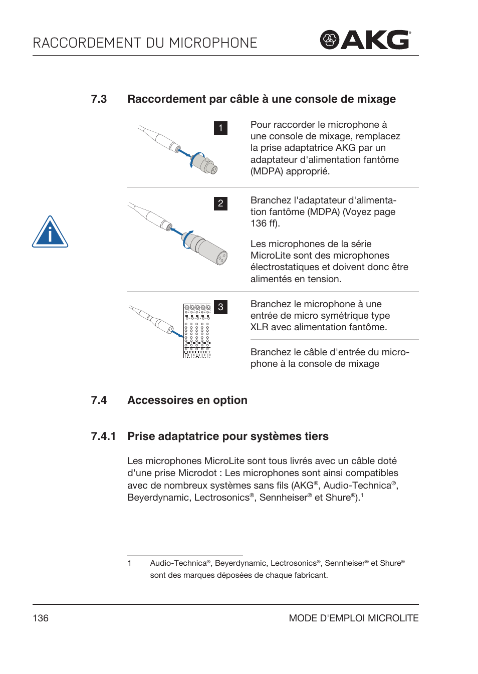 3 raccordement par câble à une console de mixage, 4 accessoires en option, 1 prise adaptatrice pour systèmes tiers | Raccordement par câble à une console de mixage, Accessoires en option, Prise adaptatrice pour systèmes tiers, Raccordement du microphone | Akg LC81 MD Reference Lightweight Cardioid Lavalier Microphone (Black) User Manual | Page 136 / 208